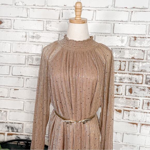 Nina Leonard Rose Gold Metallic Chiffon Sheer Mock Neck Cocktail Midi Dress - Picture 3 of 16
